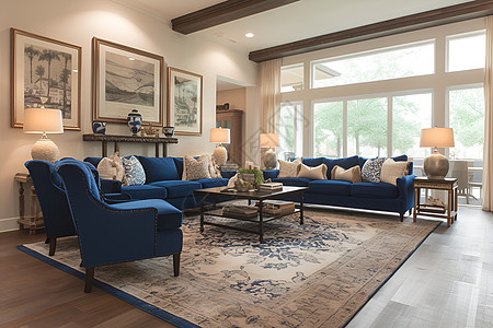 蓝色沙发和椅子的客厅图片