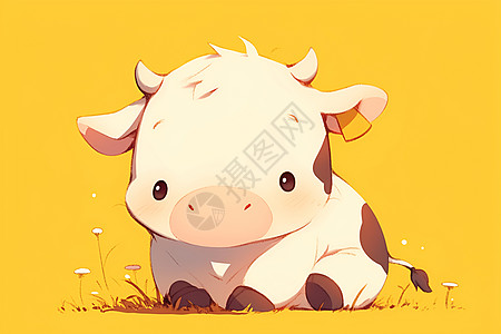 可爱的小牛在草地上坐着图片
