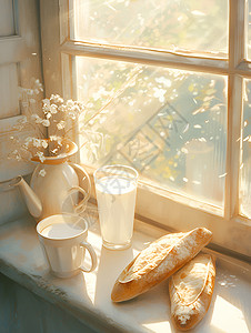 窗边阳光下的牛奶和法式长棍面包图片