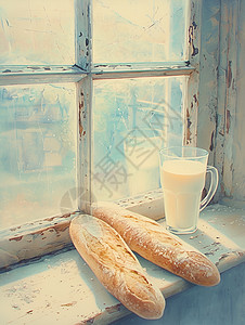 窗前的牛奶和法式长棍面包图片