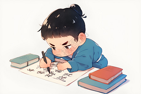 中国小孩儿在桌前写书法图片