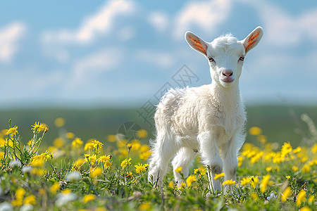 小白山羊在青翠草地上图片