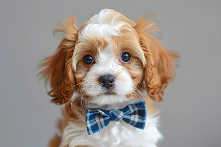 可爱的小狗戴上蓝色格子蝴蝶结图片