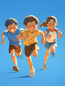 三个孩子在纯蓝背景下欢快奔跑图片