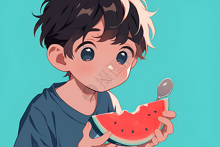 可爱男孩吃西瓜图片