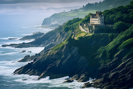 大海边的悬崖上有一座房子图片