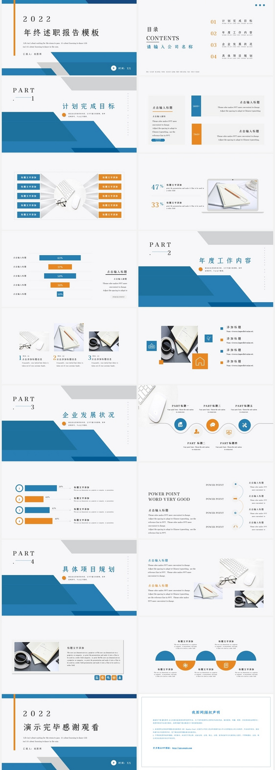 蓝色简洁清新年终述职报告模板PPT模板