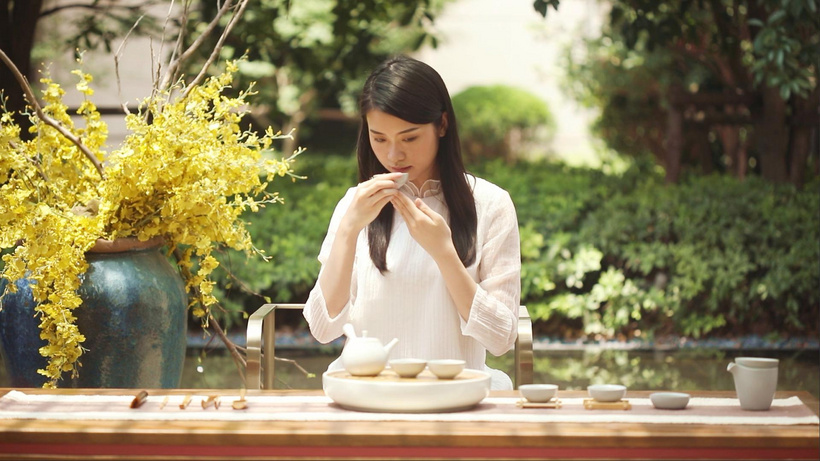 穿古风的女生品茶赏画mp4