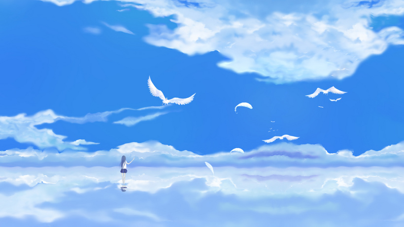 蓝天白云飞鸟少女唯美动态背景                        id:43721