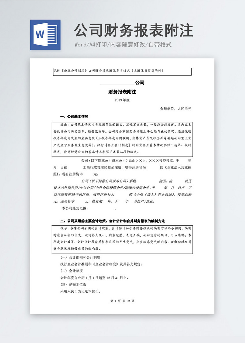 公司财务报表附注word模板