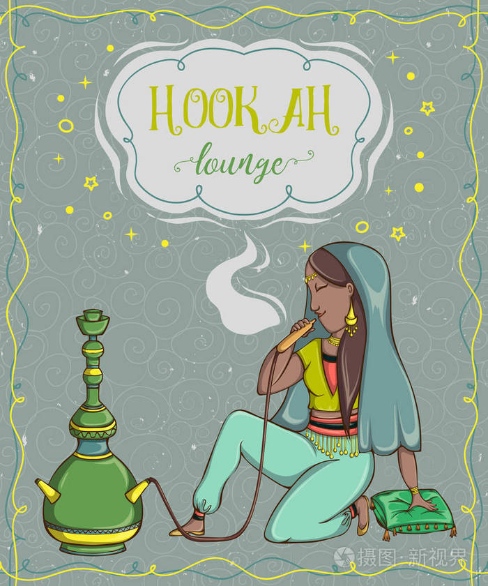 插画 水烟休息室.与吸烟阿拉伯女人的老式卡.手工绘制的矢量图.eps