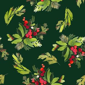 无缝水彩圣诞图案与浆果和云杉
