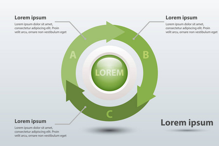 三个主题绿色箭头图表 3d 纸有圆圈中心网站演示文稿封面海报矢量设计信息图图概念