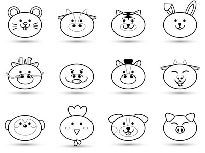 简单的轮廓动物脂肪可爱的头签署中国生肖星座运势集合设置的矢量图标设计插画的符号