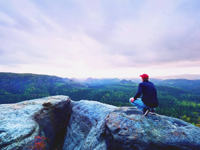 期待着地平线。男人坐在岩石上茂密的森林或丛林上方和欣赏的景色
