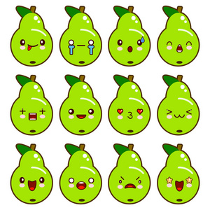 组的绿色梨子字符以不同的情感。孤立在白色背景上的矢量图。卡通风格