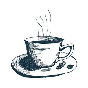 咖啡杯,炎热的上午咖啡手绘制素描矢量图照片