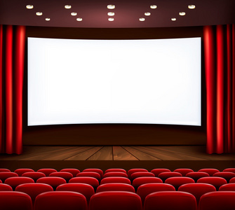 与白色屏幕 窗帘和座位的电影院。矢量