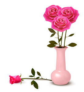 节日背景用粉红玫瑰插在花瓶里。矢量