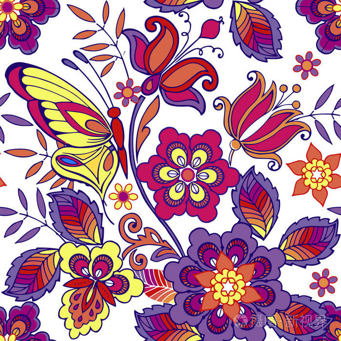 多彩多姿的无缝模式与花朵和蝴蝶。织物，纺织，包装纸装饰背景