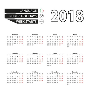 2018 年日历上意大利语言。每周从星期一开始