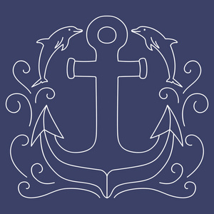 矢量海洋插画.会徽与锚,海豚,大海的波涛.图像是由行照片