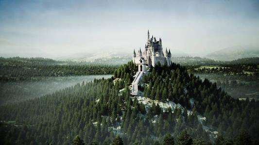 旧的童话城堡山上。鸟瞰图。3d 渲染