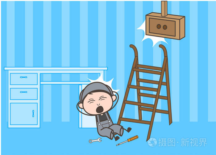 从楼梯矢量插画卡通工人摔下来