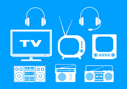 白色音频和电视在蓝色背景上的图标