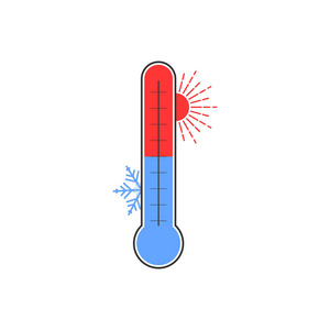 带有红色的太阳和蓝色雪花矢量温度计。天气指示器图标