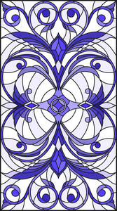 图中彩色玻璃风格与抽象的漩涡，花和叶在明亮的背景下，垂直方向伽玛蓝色