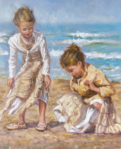 布面油画的年轻女孩之间的沙子