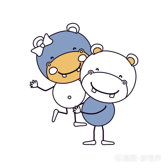 轮廓颜色部分漫画与对夫妇的河马携带其他可爱的小动物