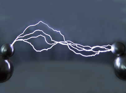 放电创意抽象3d 渲染蓝光电弧放电命中光对暗黑色背景的影响垂直雷击