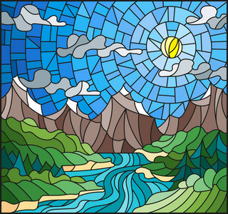 插图在彩色玻璃风格与曲流河在背景上的山脉 森林 晴朗的天空