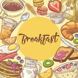 健康早餐手绘设计与羊角面包 水果 玉米片。生态食品。矢量图