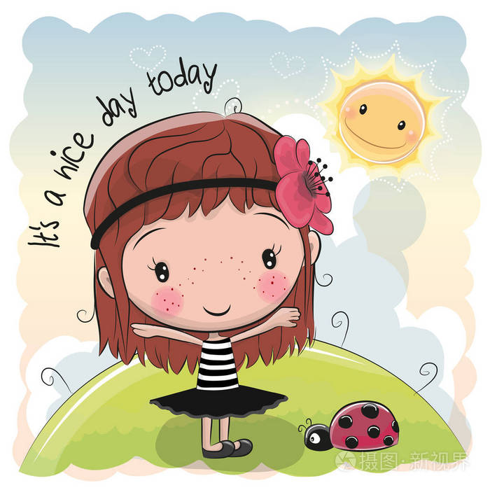可爱的卡通女孩和太阳