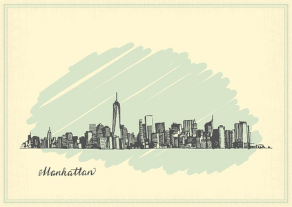 以剪影的纽约曼哈顿的老式明信片