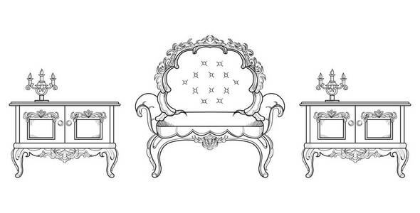 巴洛克式家具富集集合。装饰的背景矢量图