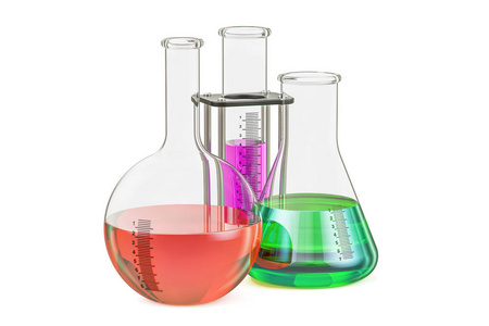 组的有色液体等，3d 渲染与化学烧瓶