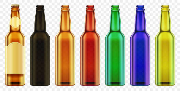 矢量啤酒瓶分离的彩色玻璃。包装的样机与现实瓶套