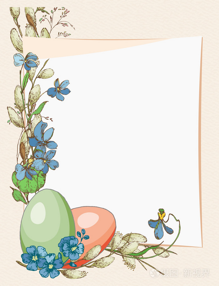 复活节贺卡蛋,米色背景上的花朵.褪色枝