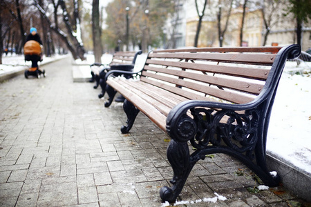 冷冬公园旧木凳