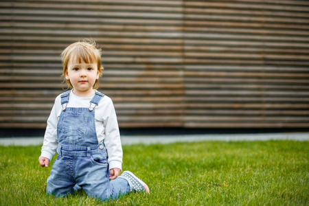 坐在公园里自然的绿色草地上美丽快乐的小女婴