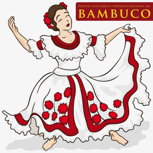美丽的女人,穿着传统的哥伦比亚衣服跳舞 bambuco,矢量图照片