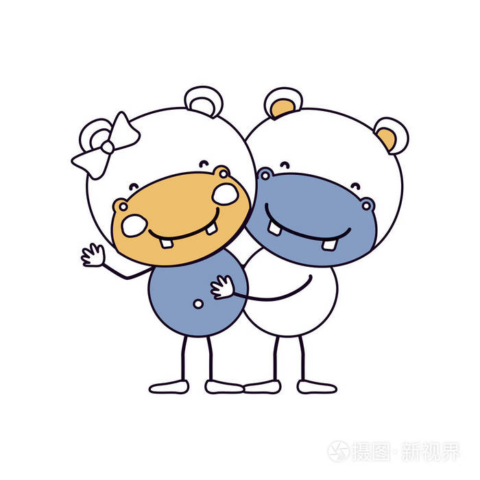 轮廓颜色部分漫画与河马夫妇拥抱