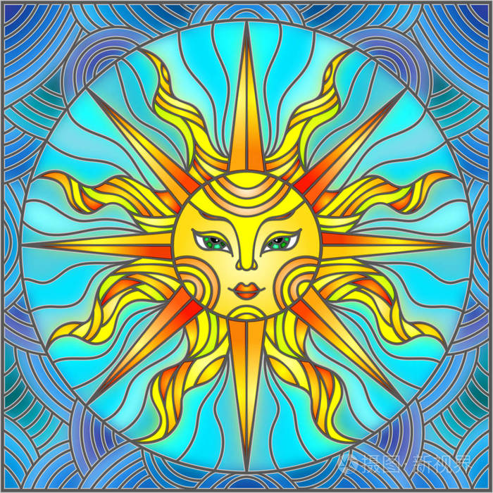 插画风格的彩绘玻璃窗户抽象太阳
