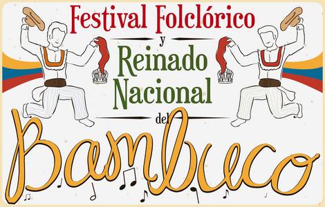 与传统的 Bambuco 舞蹈显示为哥伦比亚的民俗节日，矢量图海报
