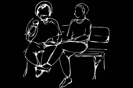 矢量素描两个男人坐在公园的长椅上