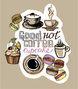 咖啡集合手绘插画。手绘咖啡套。甜点心